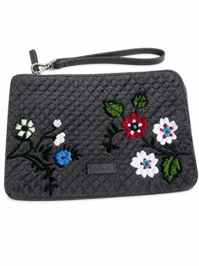 Vera Bradley Iconic RFID Wristlet Wolf Gray Velvet Embroidered Floral